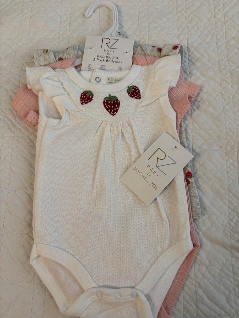 Rachel Zoe Baby White & Pink Strawberry Embroidered Bodysuit 3-Pack